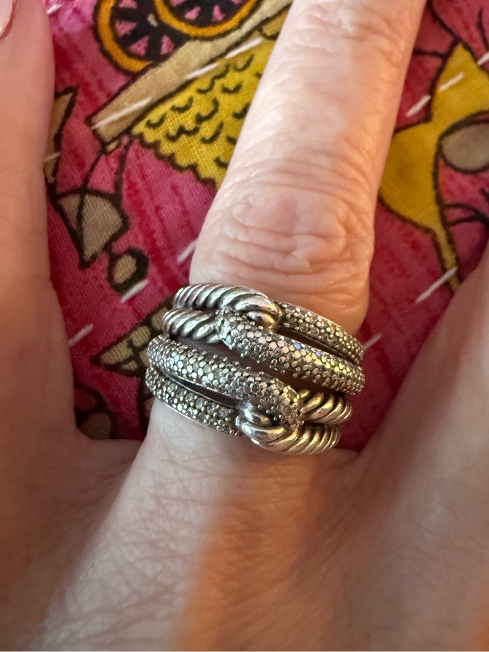 DAVID YURMAN Sterling Silver Double Loop Labyrinth Diamond Ring Authentic